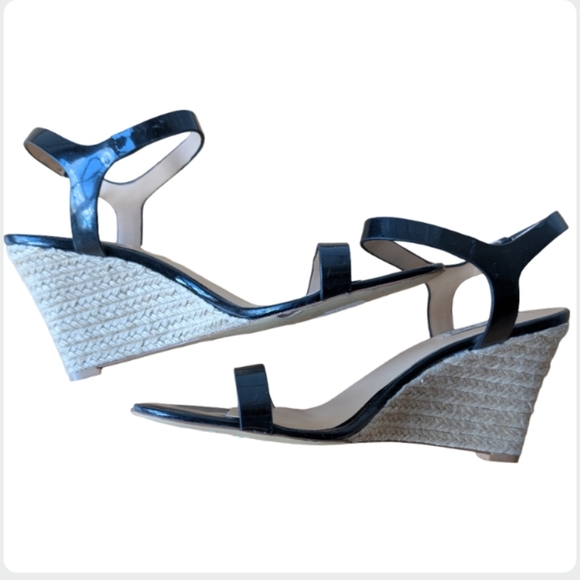 Badgley Mischka Black Patent Leather Espadrille Wedge Sandals Size 8.5 - Picture 3 of 11